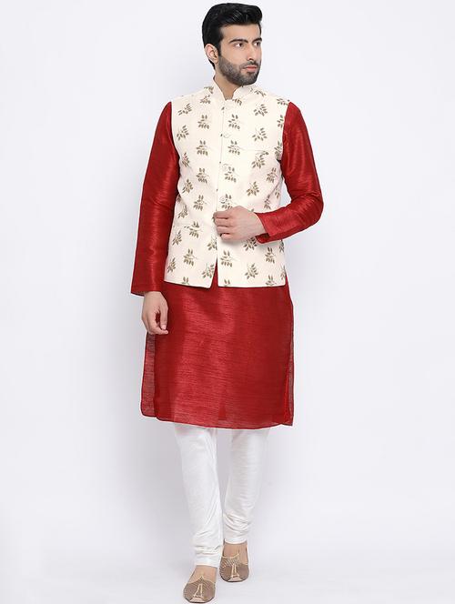 red pure silk kurta pyjama set with nehru jacket - 16562419 - Very Small Image - 1