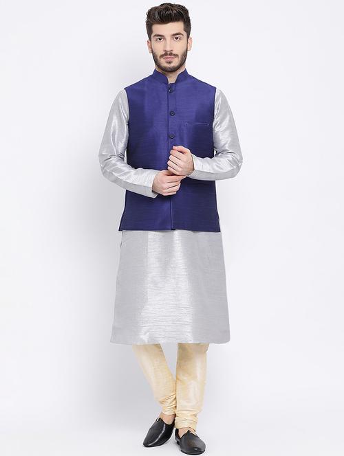 grey silk blend kurta pyjama set with nehru jacket - 16562421 - Very Small Image - 1