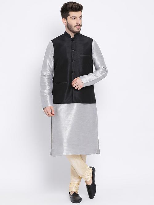 silver silk blend kurta pyjama set with nehru jacket - 16562422 - Very Small Image - 1