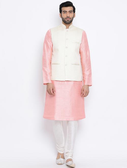 pink pure silk kurta pyjama set with nehru jacket - 16562425 - Very Small Image - 1