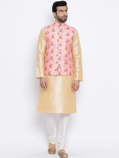 beige silk solid kurta pyjama set with pink printed nehru jacket - 16562426 - Very Small Image - 1