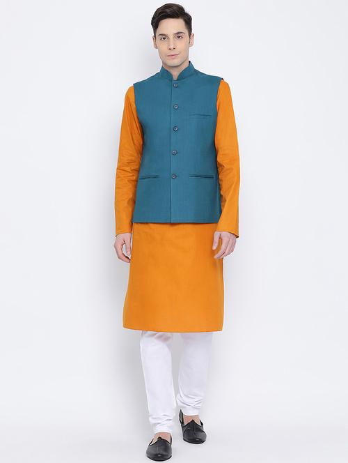 orange solid kurta pyjama set with nehru jacket - 16562430 - Very Small Image - 1