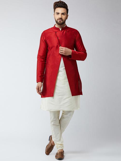 red silk blend jacquard sherwani - 16565117 - Very Small Image - 1