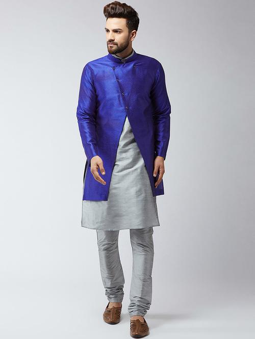 navy blue silk blend jacquard sherwani - 16565119 - Very Small Image - 1