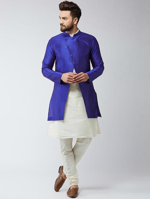 navy blue silk blend jacquard sherwani - 16565120 - Very Small Image - 1