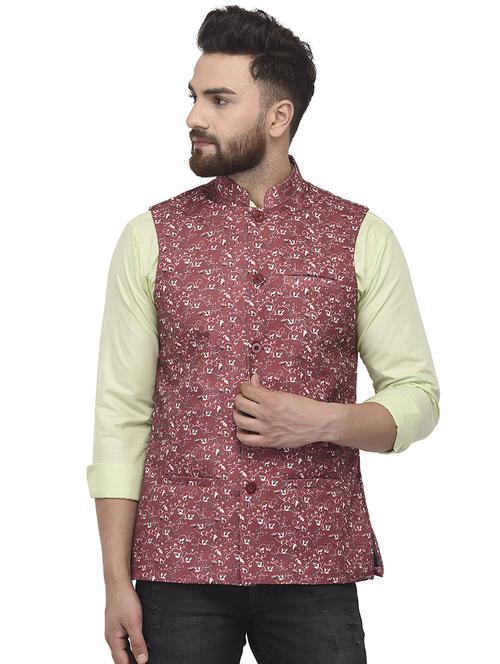 maroon floral printed nehru jacket - 16566709 - Very Small Image - 1