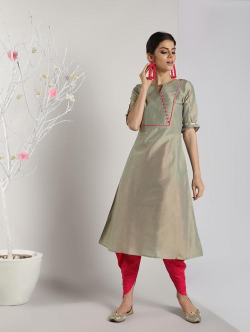 contrast silk a-line kurta - 16568779 - Very Small Image - 1