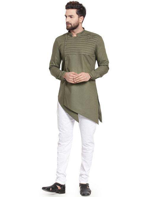 olive green solid asymmetric kurta pyjama set - 16569002 - Very Small Image - 1