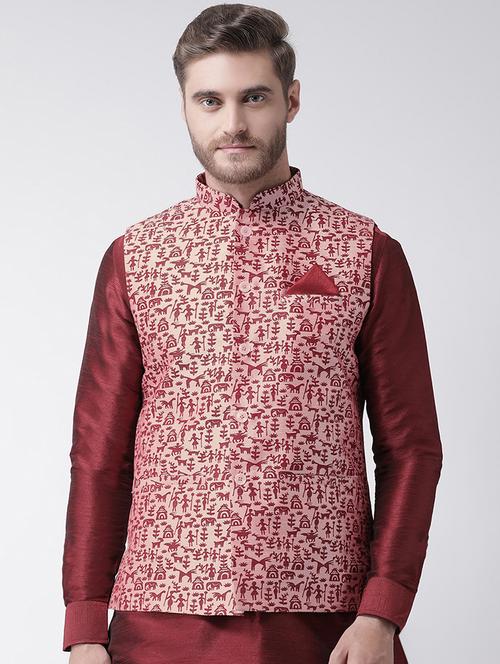 pink silk blend printed nehru jacket - 16569503 - Very Small Image - 1