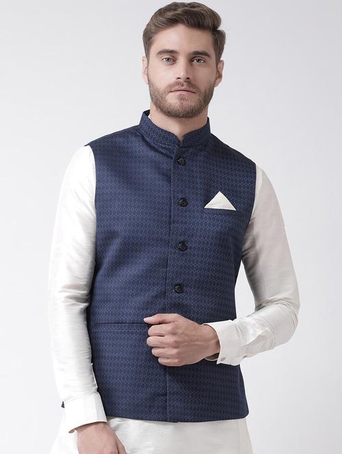 navy blue linen printed nehru jacket - 16569536 - Very Small Image - 1