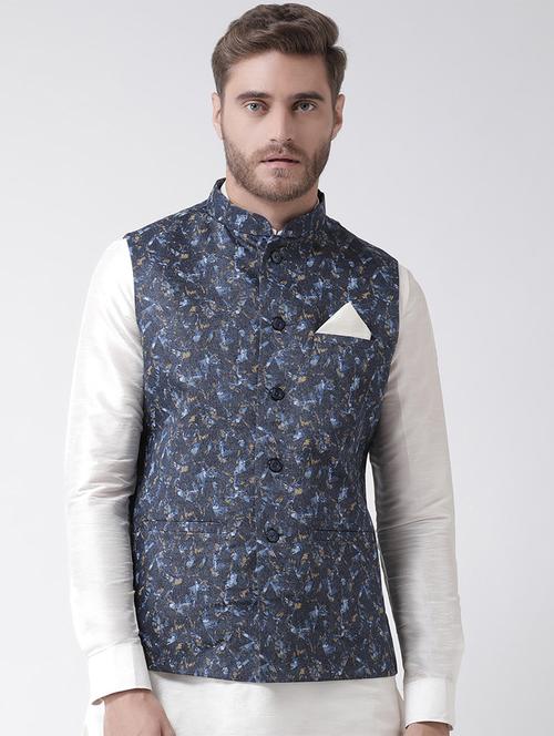 navy blue linen printed nehru jacket - 16569537 - Very Small Image - 1
