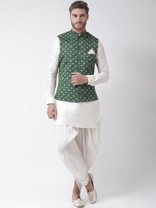 white dhoti kurta set with green linen printed nehru jacket - 16569621 - Very Small Image - 1