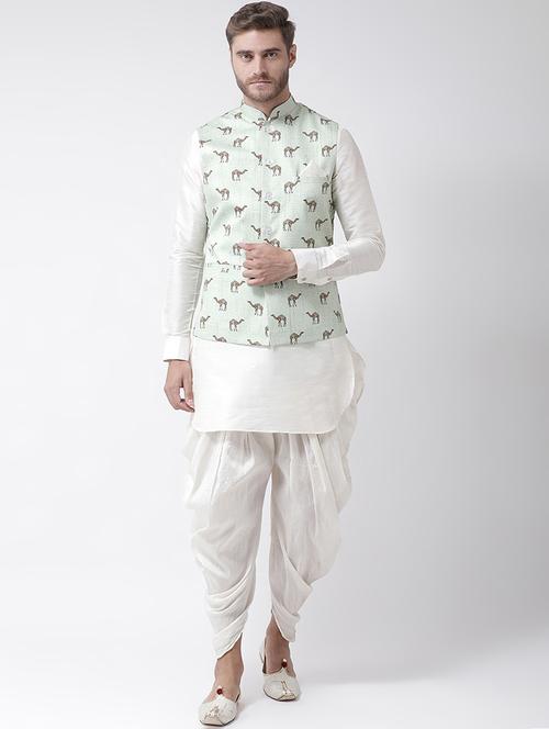 white dhoti kurta set with green linen printed nehru jacket - 16569629 - Very Small Image - 1