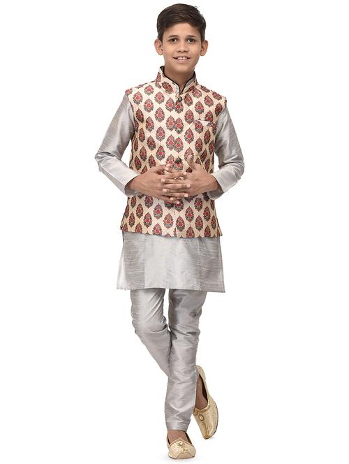 silver silk kurta set - 16569752 - Very Small Image - 1