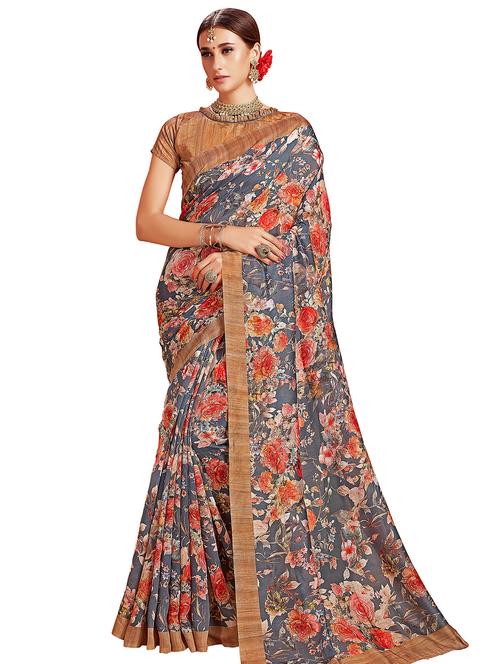 floral printed saree with blouse - 16571753 - Very Small Image - 1