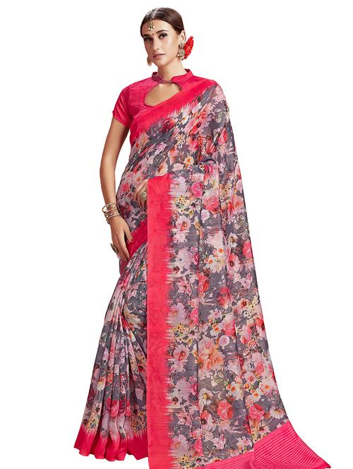 floral printed saree with blouse - 16571755 - Very Small Image - 1