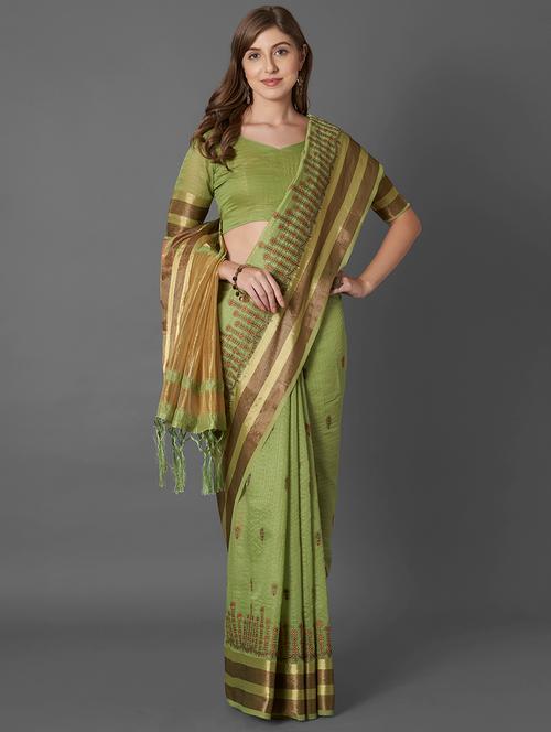 olive self design saree with blouse - 16571767 - Very Small Image - 1