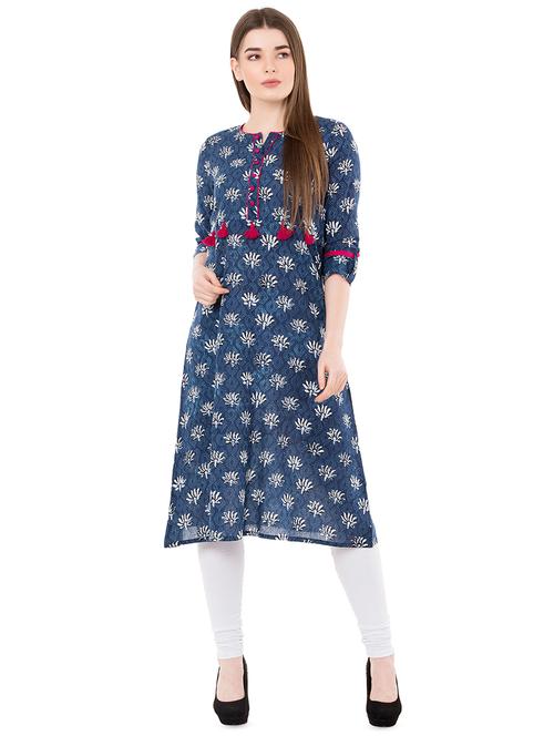 indigo a-line contrast kurta - 16572272 - Very Small Image - 1