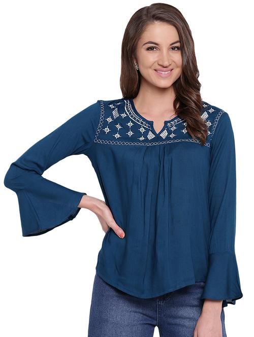 notch neck bell sleeved top - 16573965 - Very Small Image - 1