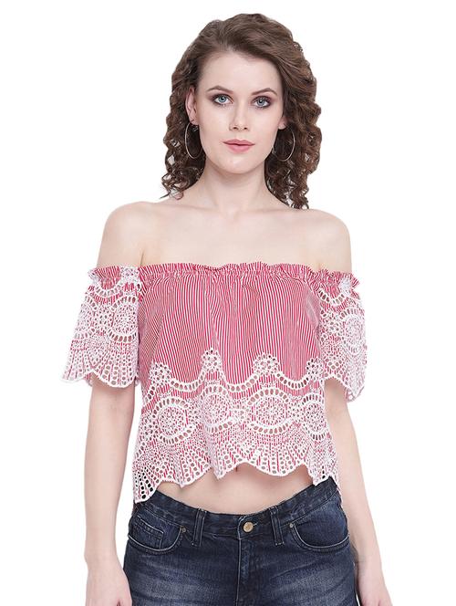 off shoulder striped lace detail top - 16573985 - Very Small Image - 1