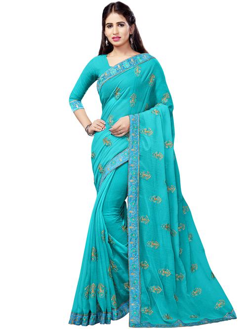 turquoise chiffon embroidered saree with blouse - 16579421 - Very Small Image - 1