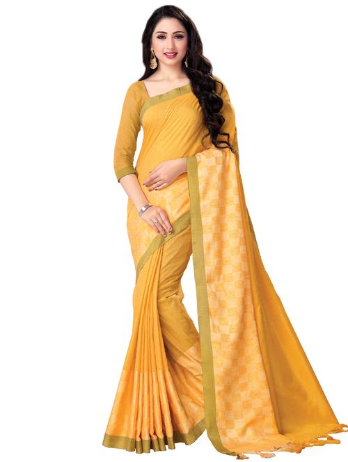 yellow linen plain saree with blouse - 16579423 - Very Small Image - 1