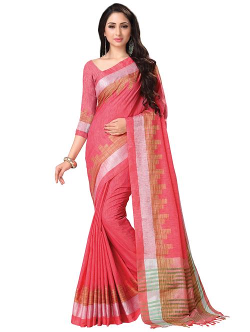 fuchsia linen plain saree with blouse - 16579426 - Very Small Image - 1