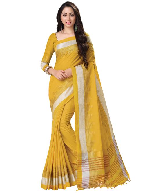 yellow linen plain saree with blouse - 16579427 - Very Small Image - 1