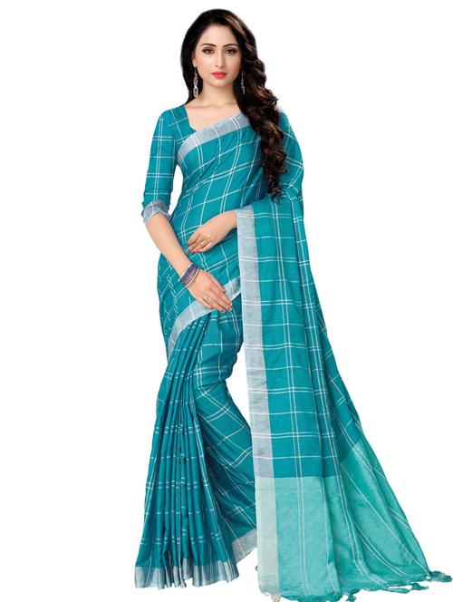 turquoise linen plain saree with blouse - 16579444 - Very Small Image - 1