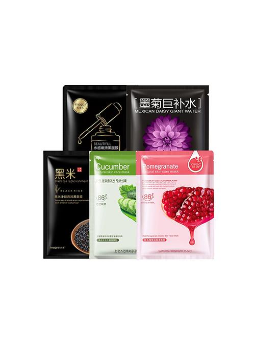 horec face mask (cucumber,pomegranate,black mask,black rice,daisy giant water ) pack of 5 - 16582043 - Very Small Image - 1