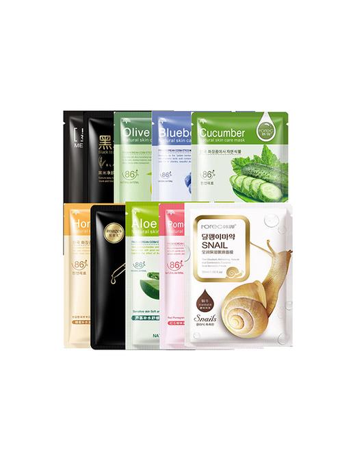 horec face mask (aloe vera,olive,cucumber,honey,blueberry,pomegranate,snail,black mask,black rice,daisy giant water ) pack of 10 - 16582054 - Very Small Image - 1