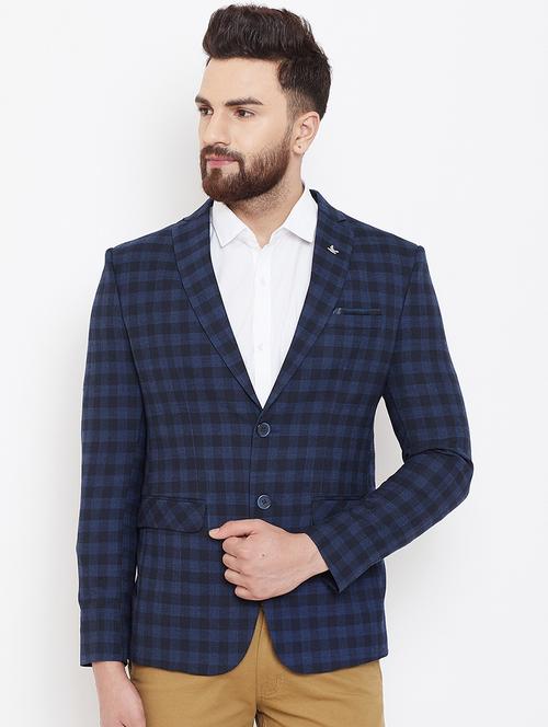 navy blue single breasted checkered casual blazer - 16584833 - Very Small Image - 1
