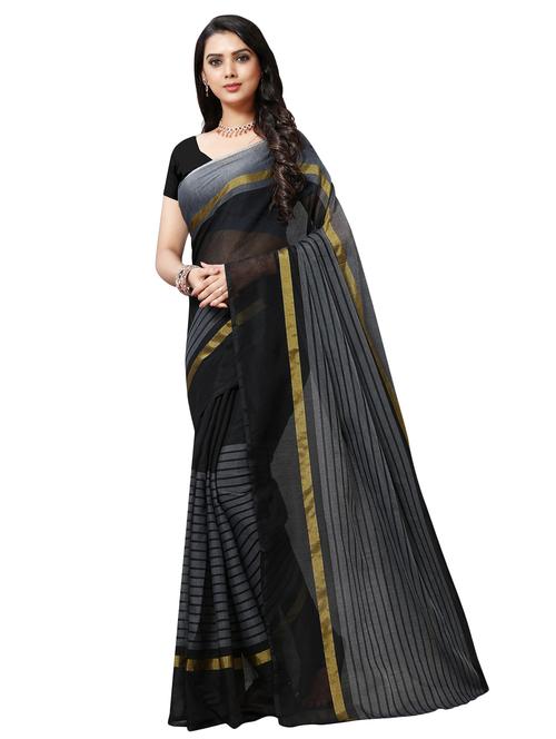 striped solid saree with blouse - 16585881 - Very Small Image - 1