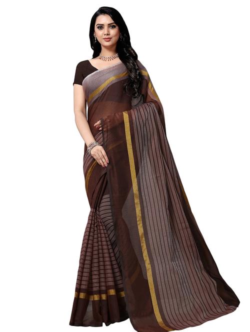 striped solid saree with blouse - 16585884 - Very Small Image - 1