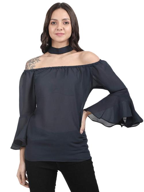 off shoulder bell sleeved top with choker - 16586884 - Very Small Image - 1