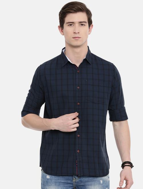 navy blue checkered casual shirt - 16589004 - Very Small Image - 1