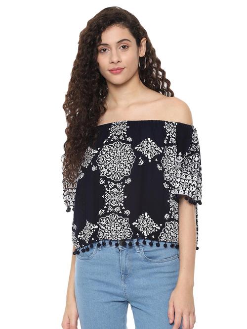 off shoulder pom pom laced top - 16593324 - Very Small Image - 1