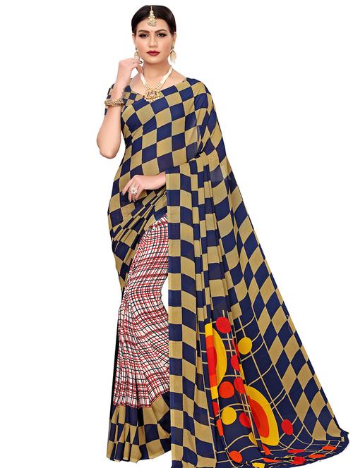 checkered printed saree with blouse - 16595661 - Very Small Image - 1