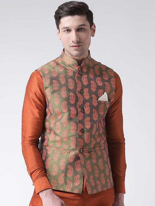 green paisley printed nehru jacket - 16597181 - Very Small Image - 1