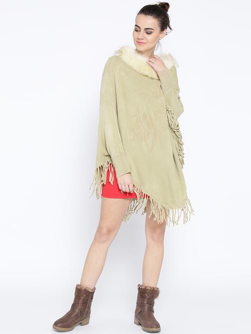 fringed hem fur neck poncho - 16611741 - Very Small Image - 1