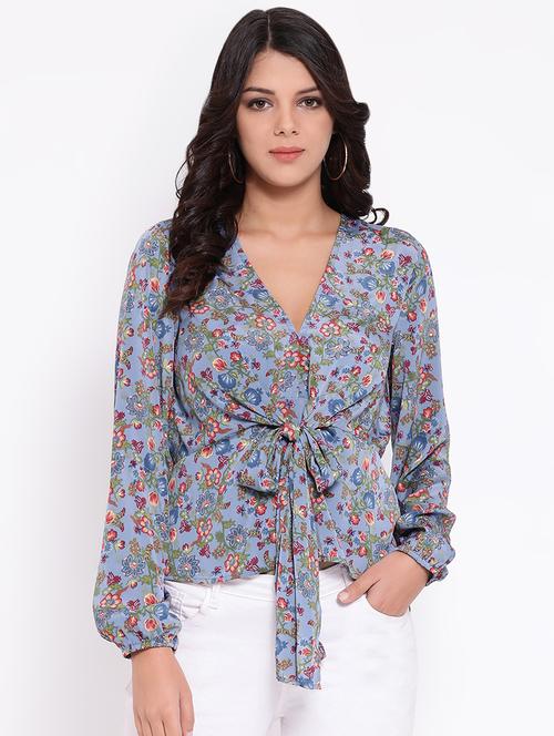 tie knot floral bishop sleeved top - 16611998 - Very Small Image - 1