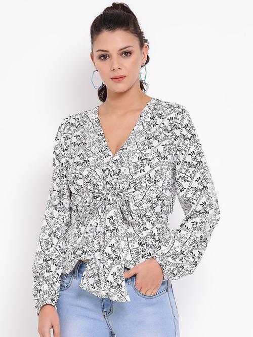 tie knot floral bishop sleeved top - 16611999 - Very Small Image - 1