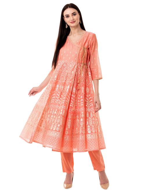 foil printed chanderi angrakha kurta with straight pant - 16612634 - Very Small Image - 1