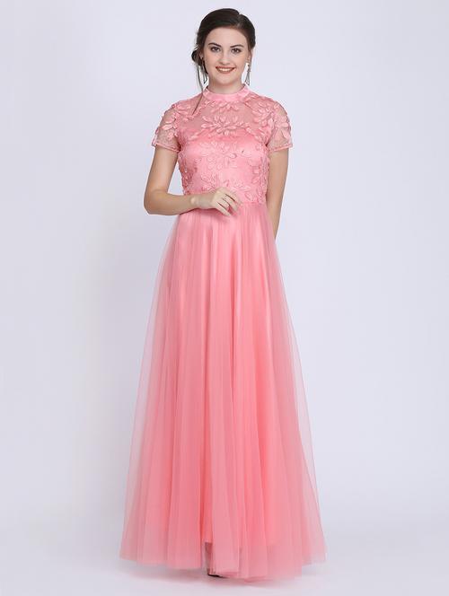 tonal embroidered net fit & flare gown - 16613842 - Very Small Image - 1