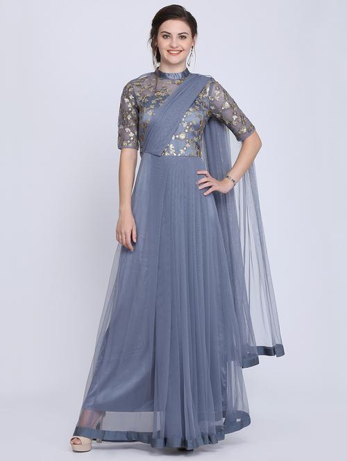 tonal embroidered net fit & flare gown - 16613845 - Very Small Image - 1