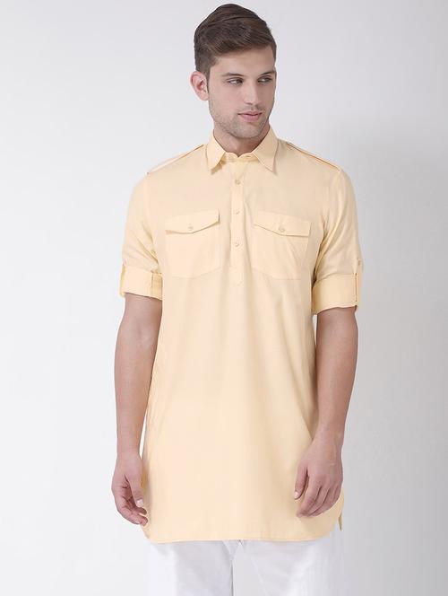 yellow solid pathani kurta - 16614047 - Very Small Image - 1