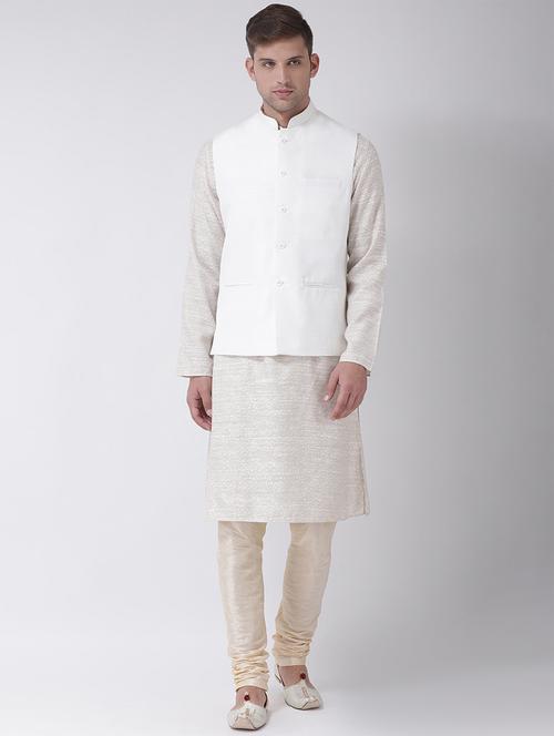 beige printed kurta pyjama set with white solid nehru jacket - 16625227 - Very Small Image - 1