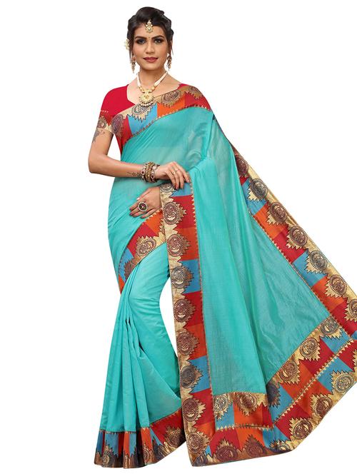 turquoise chanderi plain saree with blouse - 16629866 - Very Small Image - 1