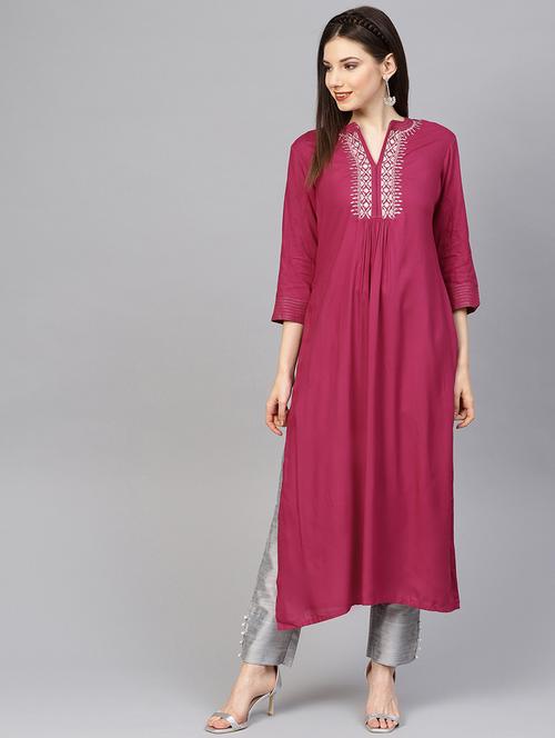 fuchsia embroidered kurta with pant set - 16630344 - Very Small Image - 1
