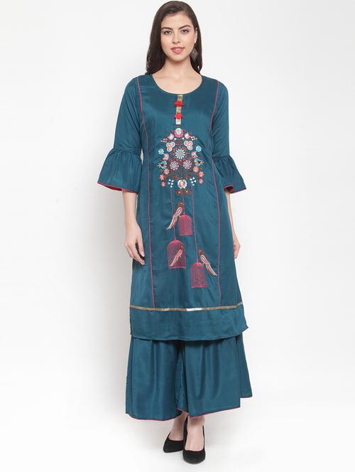 teal silk kurta sharara set - 16632102 - Very Small Image - 1